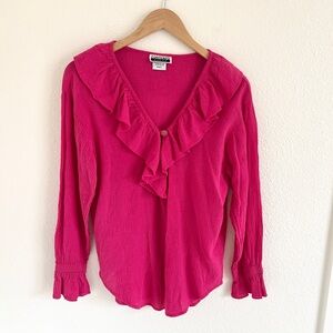 VINTAGE blouse / pink gauze cotton ruffle v neck long sleeve top / size S